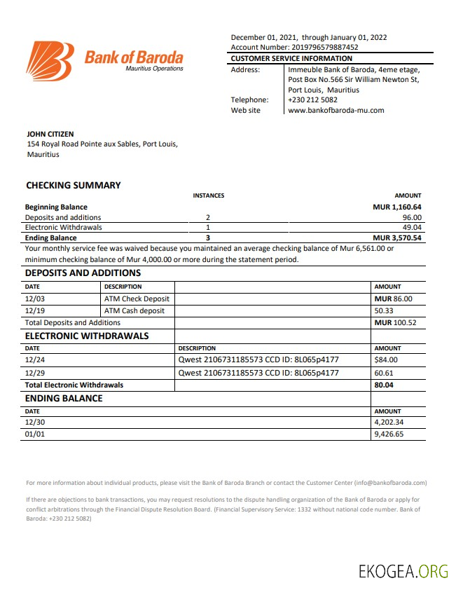 Relevé bancaire de la Mauritius Bank of Boroda